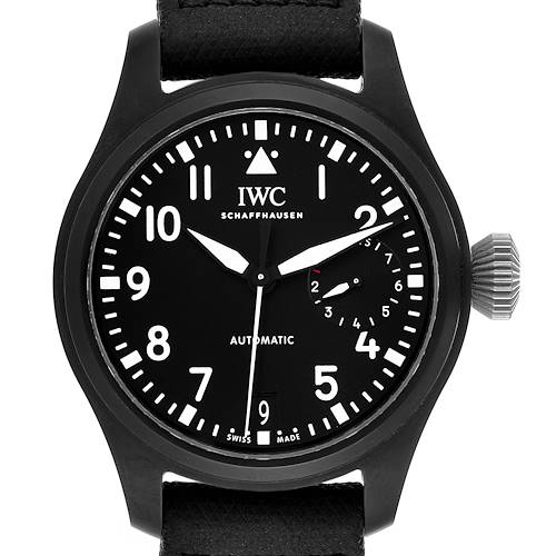 The image shows a front view of an IWC Pilot IW502001 Men's Titanium Black Dial IW502001 Men's Titanium Black Dial model watch, featuring its black dial, numerals, hands, and crown.