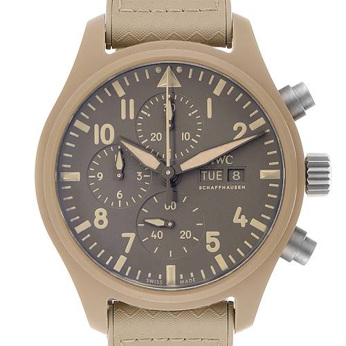 The image shows a front view of the IWC Pilot IW389103 Men's Titanium Brown Dial IW389103 Men's Titanium Brown Dial model watch with its dial, subdials, and day-date display visible.
