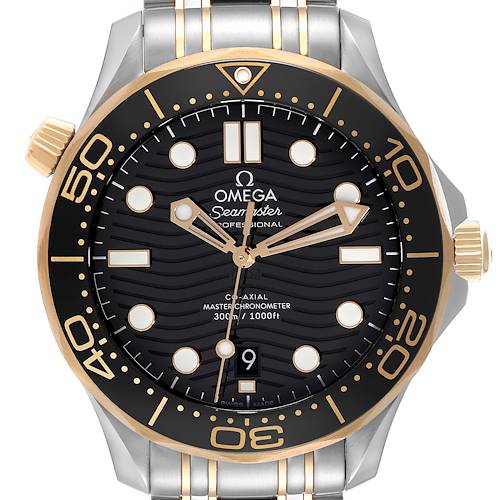 The Omega Seamaster 210.20.42.20.01.002 Men's Steel and Gold (two tone) Black Dial 210.20.42.20.01.002 Men's Steel and Gold (two tone) Black Dial watch is shown from a front angle, displaying the dial, bezel, and part of the bracelet.