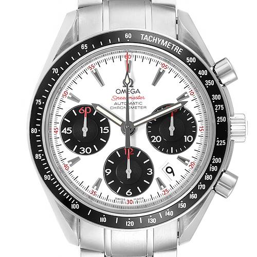 This image shows a front view of the Omega Speedmaster 323.30.40.40.04.001 Men's Stainless Steel White Dial 323.30.40.40.04.001 Men's Stainless Steel White Dial watch, highlighting the dial, sub-dials, bezel, and bracelet.