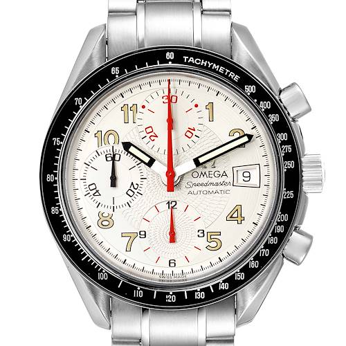 The image shows a close-up of the Omega Speedmaster 3513.33.00 Men's Stainless Steel White Dial 3513.33.00 Men's Stainless Steel White Dial watch, highlighting the dial, chronographs, and tachymeter bezel.