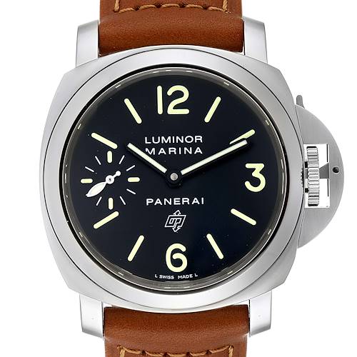 The image shows a front view of a Panerai Luminor PAM01005 Men's Stainless Steel Black Dial PAM01005 Men's Stainless Steel Black Dial model watch, highlighting its dial, case, luminous markers, and crown guard.