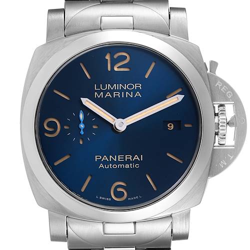 The image shows a front view of a Panerai Luminor PAM00958 Men's Stainless Steel Blue Dial PAM00958 Men's Stainless Steel Blue Dial Marina watch, displaying the dial, hands, and part of the metal bracelet.