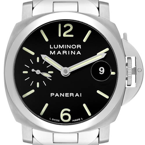 The image shows a front view of a Panerai Luminor PAM00050 Men's Stainless Steel Black Dial PAM00050 Men's Stainless Steel Black Dial watch displaying the dial, hands, crown guard, and part of the strap.