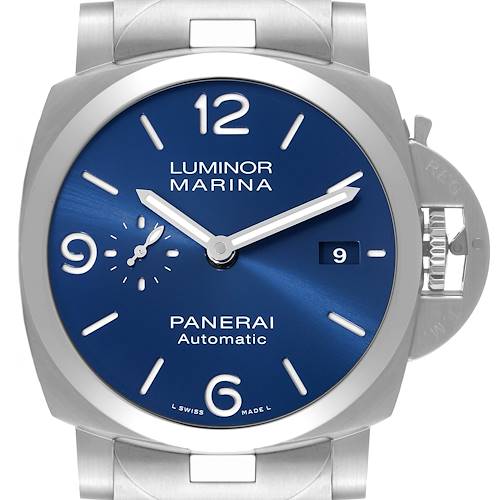 The image shows a front-facing view of a Panerai Luminor PAM01316 Men's Stainless Steel Blue Dial PAM01316 Men's Stainless Steel Blue Dial Marina watch, featuring a blue dial and silver case.