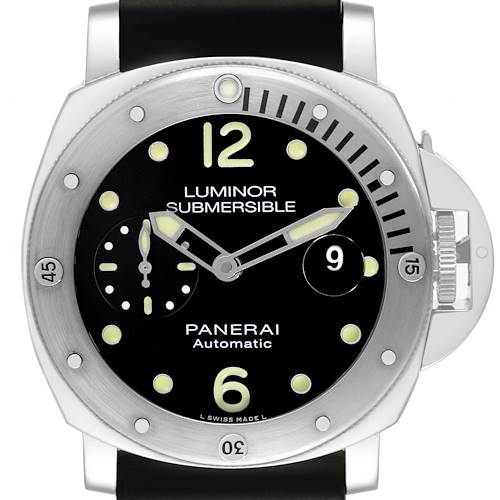 The image shows the Panerai Luminor PAM01024 Men's Stainless Steel Black Dial PAM01024 Men's Stainless Steel Black Dial Submersible watch from the front, highlighting its dial, bezel, hands, and crown guard.