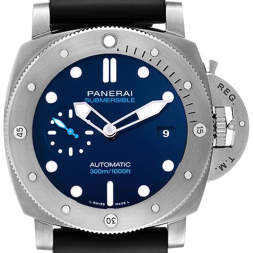 The image shows a front view of a Panerai Submersible PAM00692 Men's Titanium Blue Dial PAM00692 Men's Titanium Blue Dial watch, highlighting its dial, bezel, and crown guard.