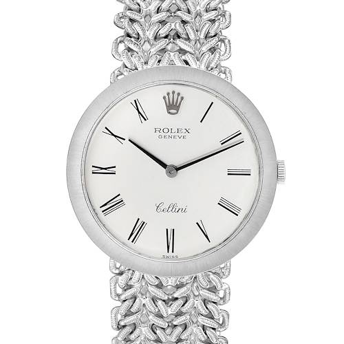 The image shows a frontal view of a Rolex Cellini 3838 Women's White Gold Silver Dial 3838 Women's White Gold Silver Dial watch, highlighting its face, Roman numerals, and intricate silver bracelet.
