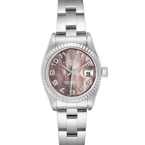 This image shows a frontal view of the Rolex Datejust 79174 Women's Stainless Steel Mother of Pearl Dial 79174 Women's Stainless Steel Mother of Pearl Dial watch, highlighting its dial, bezel, crown, and bracelet.
