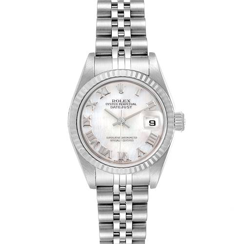This Rolex Datejust 79174 Women's Stainless Steel Mother of Pearl Dial 79174 Women's Stainless Steel Mother of Pearl Dial watch is shown from a top-down angle, displaying the dial, case, and bracelet.