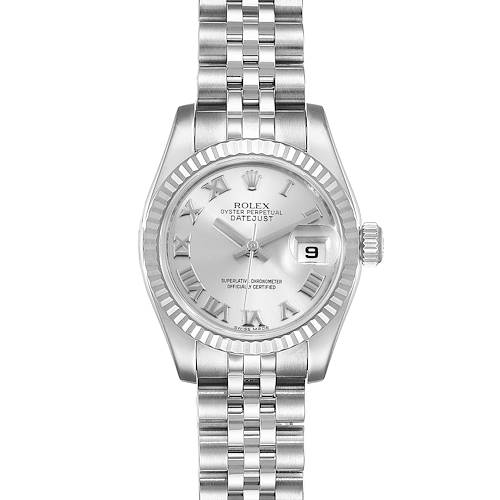 This is a frontal view of the Rolex Datejust 179174 Women's Stainless Steel Grey Dial 179174 Women's Stainless Steel Grey Dial watch, showcasing its dial, bezel, and bracelet.