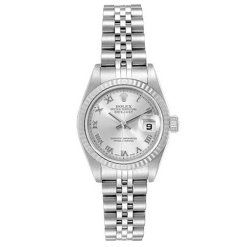 The image shows a front view of a Rolex Datejust 79174 Women's Stainless Steel Silver Dial 79174 Women's Stainless Steel Silver Dial watch, displaying its dial, bezel, crown, and bracelet.