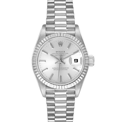 This image displays a front view of a Rolex President 79179 Women's White Gold Silver Dial 79179 Women's White Gold Silver Dial model watch, highlighting its face, bracelet, and dial.
