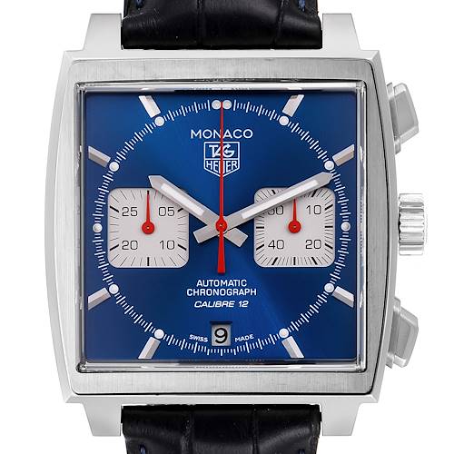The image shows a front view of a Tag Heuer Monaco CAW2111 Men's Stainless Steel Blue Dial CAW2111 Men's Stainless Steel Blue Dial watch, highlighting its blue dial, square case, chronograph subdials, and date window.