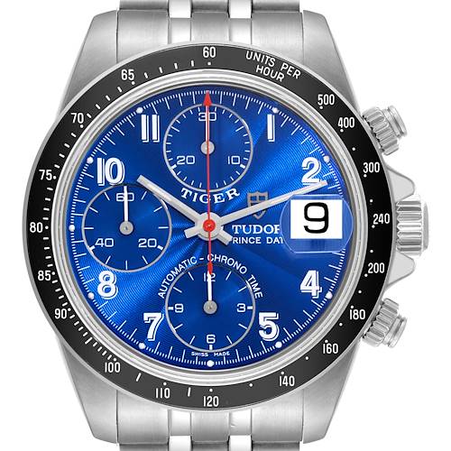 The image shows the dial and bezel of the Tudor Tiger 79260 Men's Stainless Steel Blue Dial 79260 Men's Stainless Steel Blue Dial watch, highlighting its blue face, chronograph features, and date window at 3 o'clock.