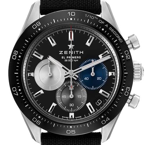 The image shows a frontal view of a Zenith Chronomaster 03.3100.3600/21.M3100 Men's Stainless Steel Black Dial 03.3100.3600/21.M3100 Men's Stainless Steel Black Dial model watch, displaying the dial, bezel, and pushers.