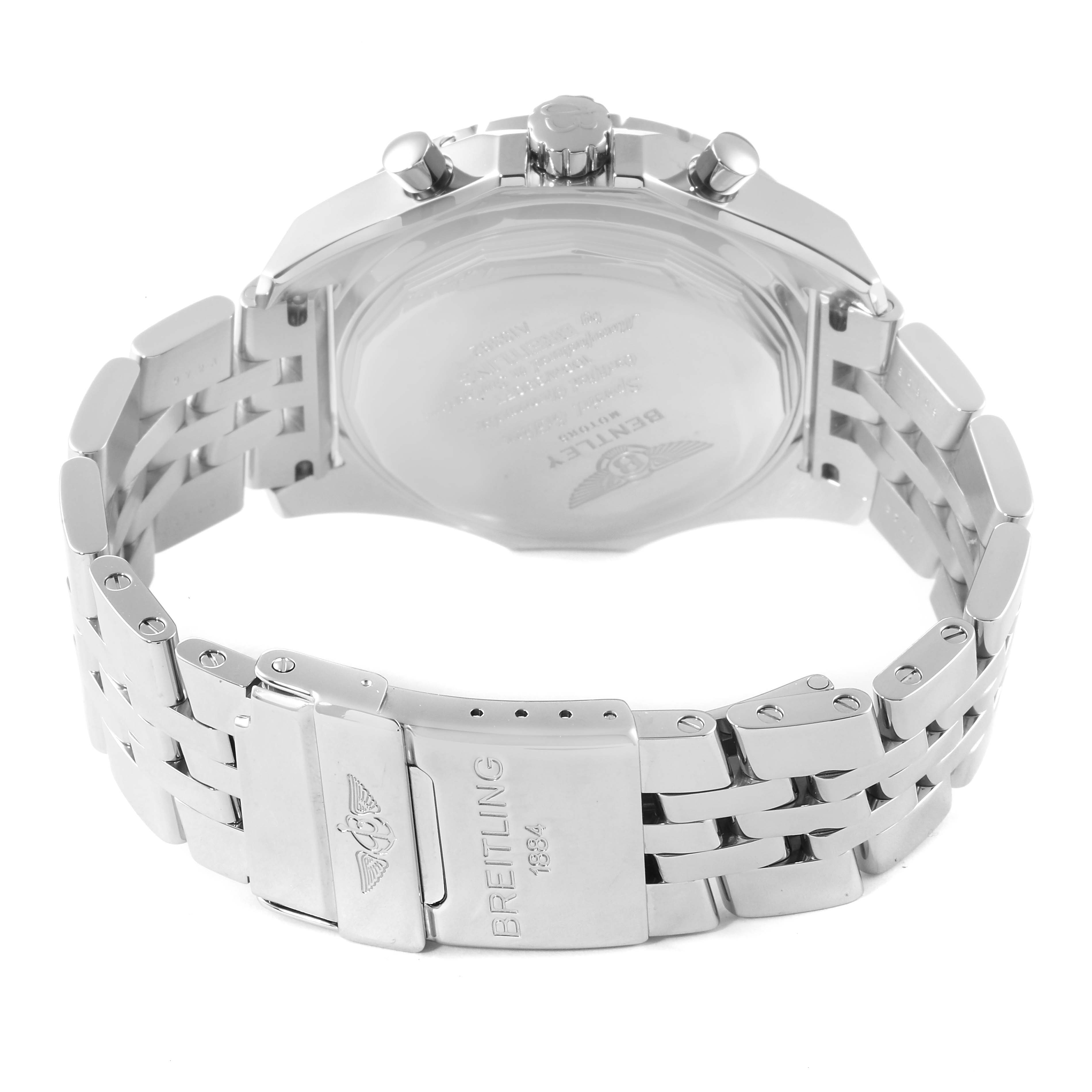 This image shows the back and clasp of a Breitling Bentley A13362 Men's Stainless Steel Green Dial A13362 Men's Stainless Steel Green Dial model watch with a stainless steel bracelet.