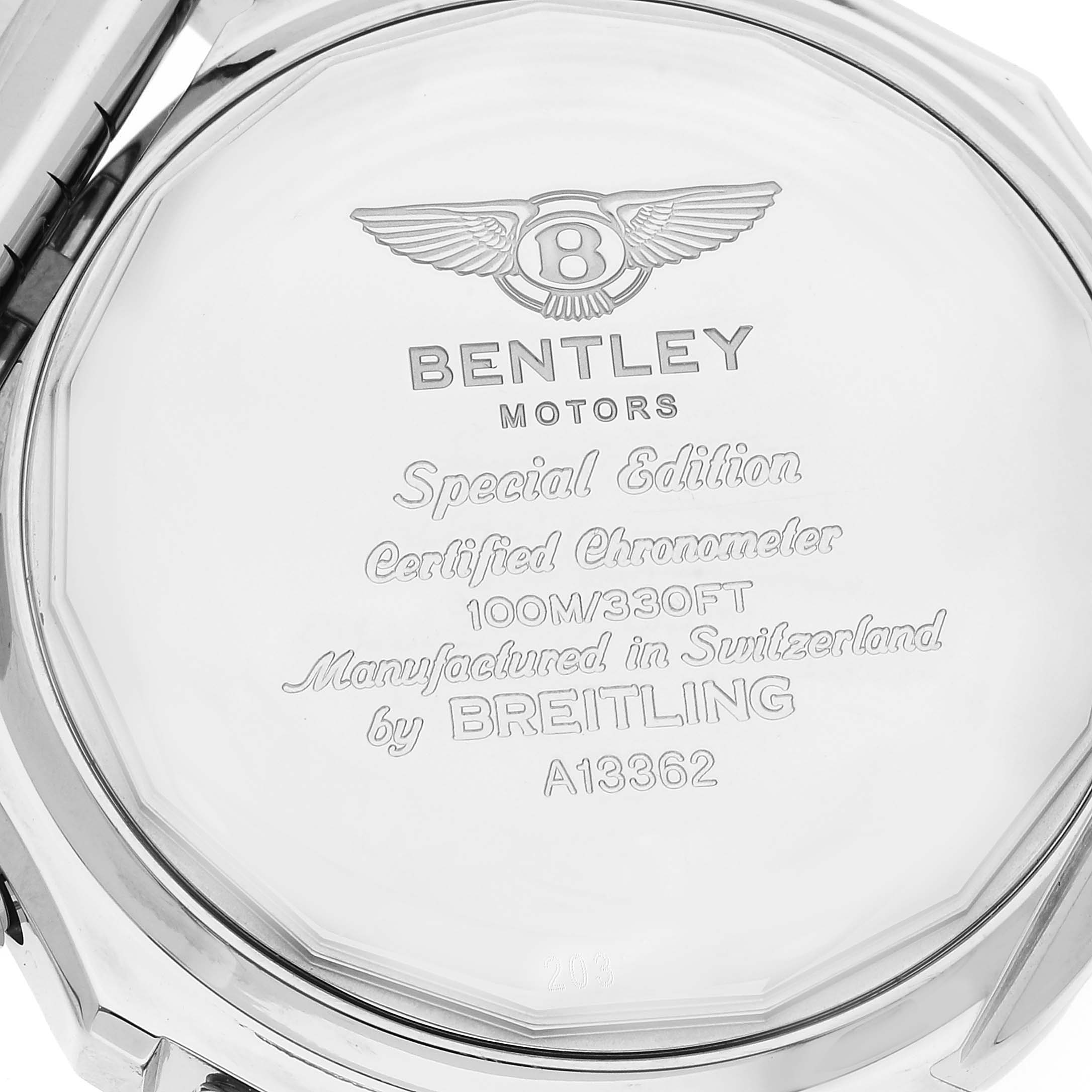 This image shows the back case of a Breitling Bentley A13362 Men's Stainless Steel Green Dial A13362 Men's Stainless Steel Green Dial model watch, highlighting its engravings and details.