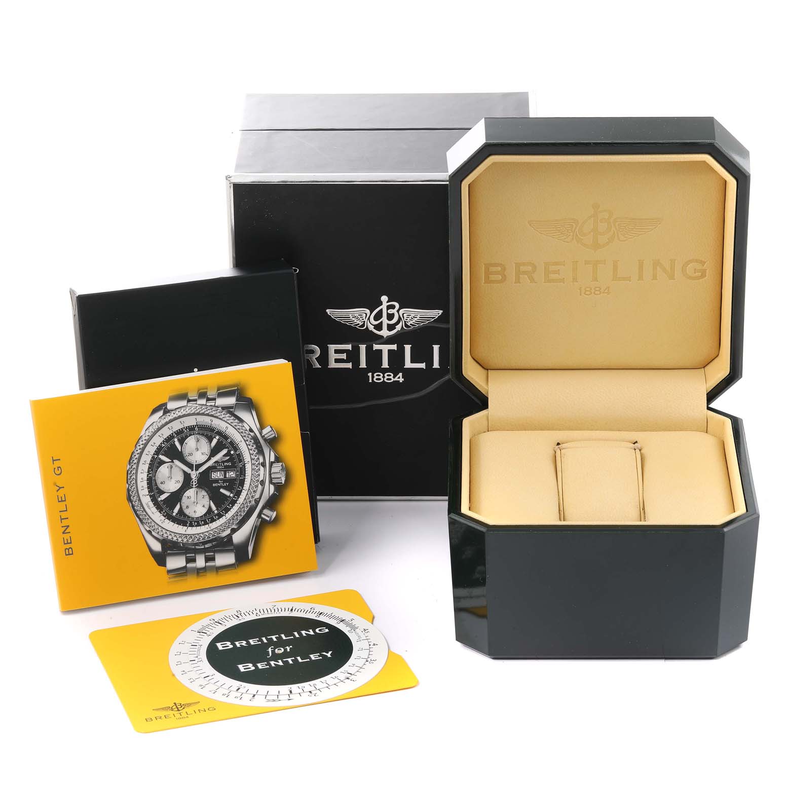Image shows the Breitling Bentley A13362 Men's Stainless Steel Green Dial A13362 Men's Stainless Steel Green Dial watch packaging, including the box, case, and documentation, with an upright angle.