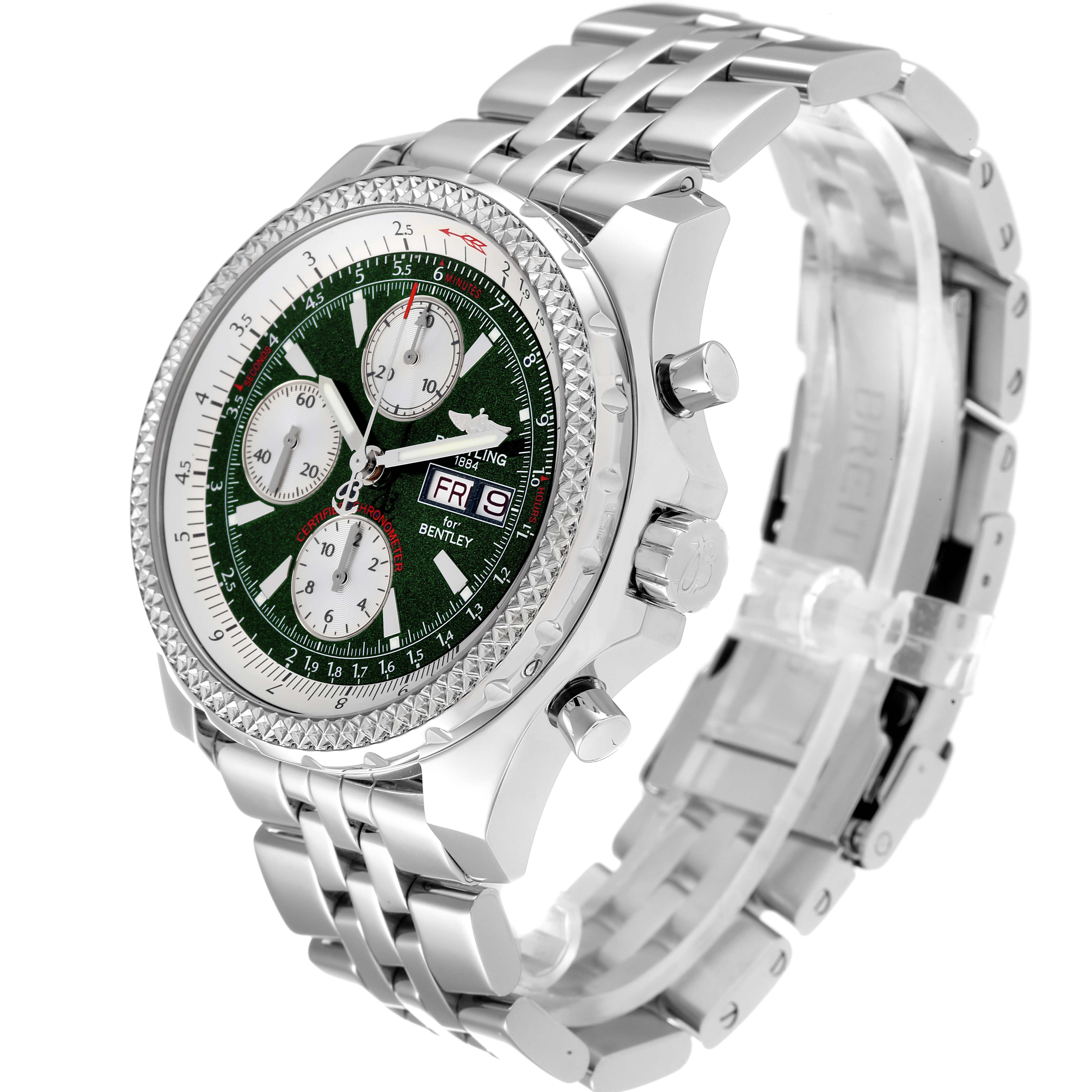 The image shows a side angle of the Breitling Bentley A13362 Men's Stainless Steel Green Dial A13362 Men's Stainless Steel Green Dial watch, highlighting the face, strap, and chronograph buttons.