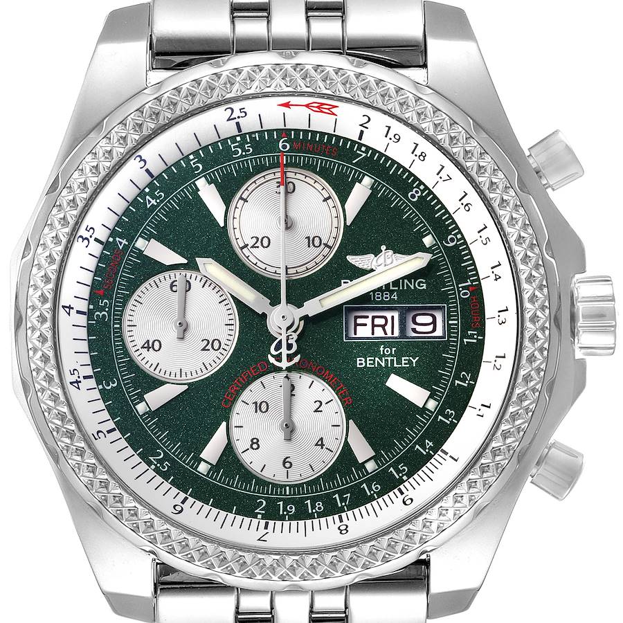 This image shows the Bentley model by Breitling from the front, highlighting its green dial, chronograph subdials, and date function.