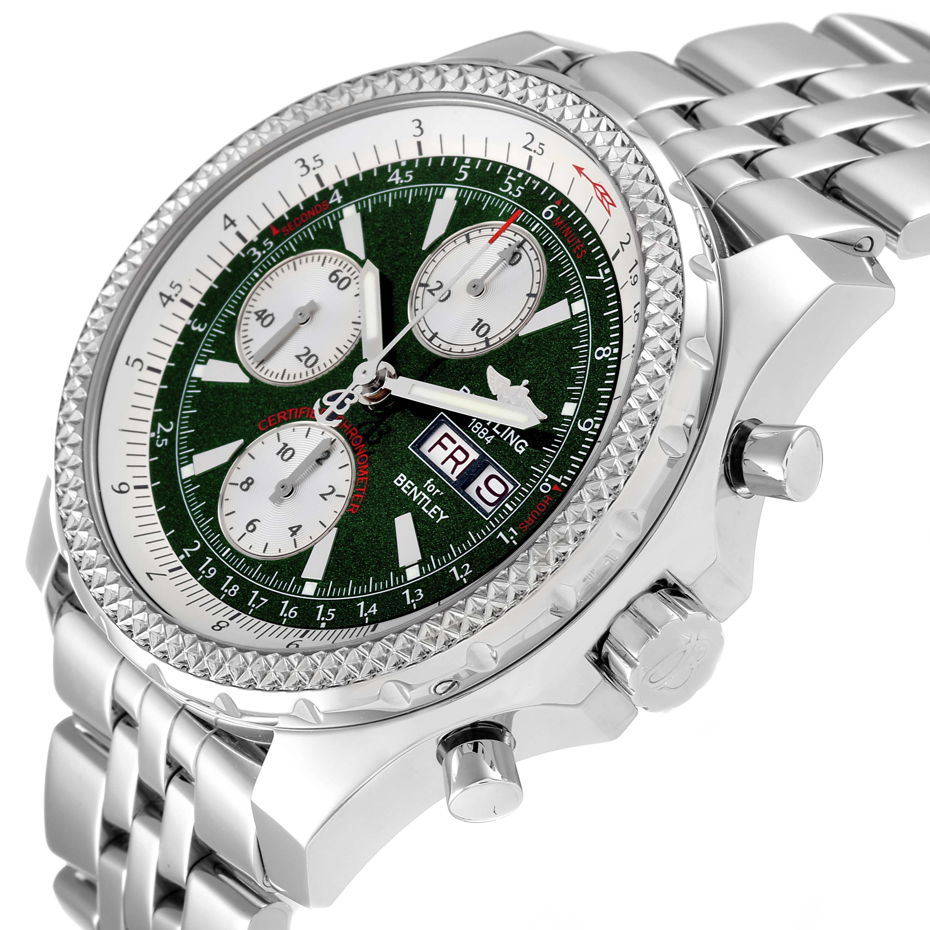 The Breitling Bentley A13362 Men's Stainless Steel Green Dial A13362 Men's Stainless Steel Green Dial watch is shown at an angle highlighting the bezel, dial, chronograph subdials, and metal bracelet.