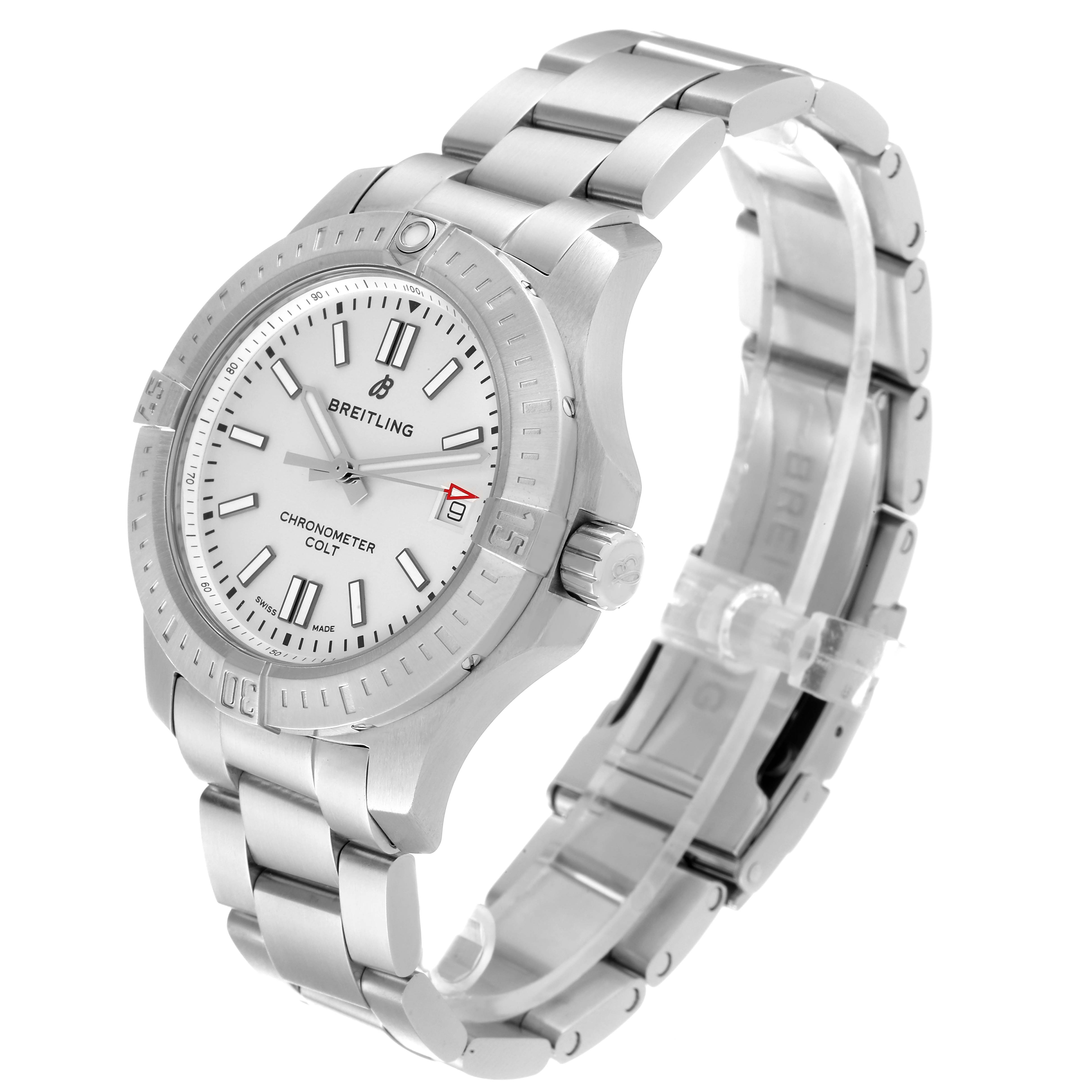The image shows a side-angle view of a Breitling Colt A17313 Men's Stainless Steel White Dial A17313 Men's Stainless Steel White Dial watch, highlighting its face, bezel, crown, and metal bracelet.