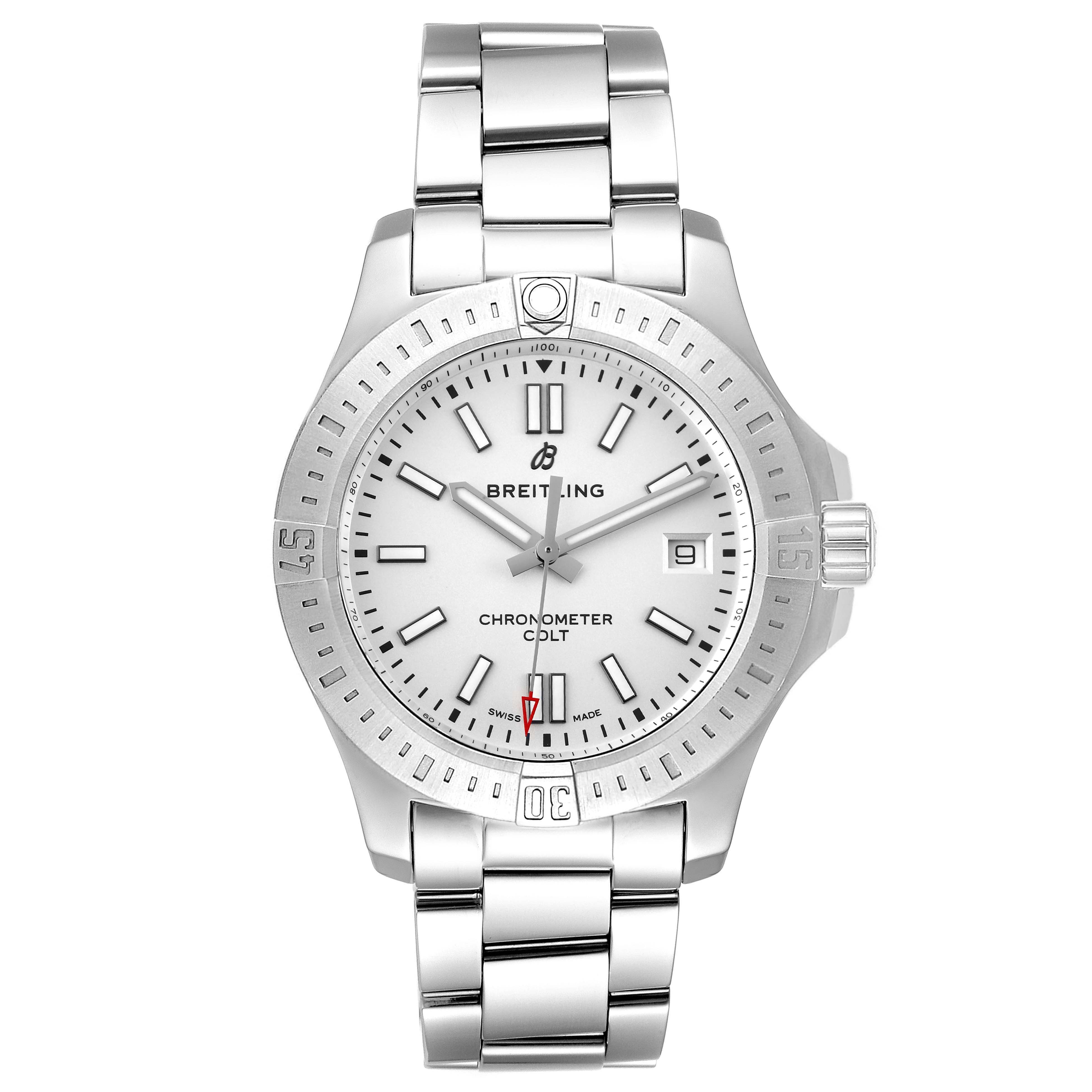 The image shows a front view of a Breitling Colt A17313 Men's Stainless Steel White Dial A17313 Men's Stainless Steel White Dial watch, displaying its face, bezel, hands, and bracelet.