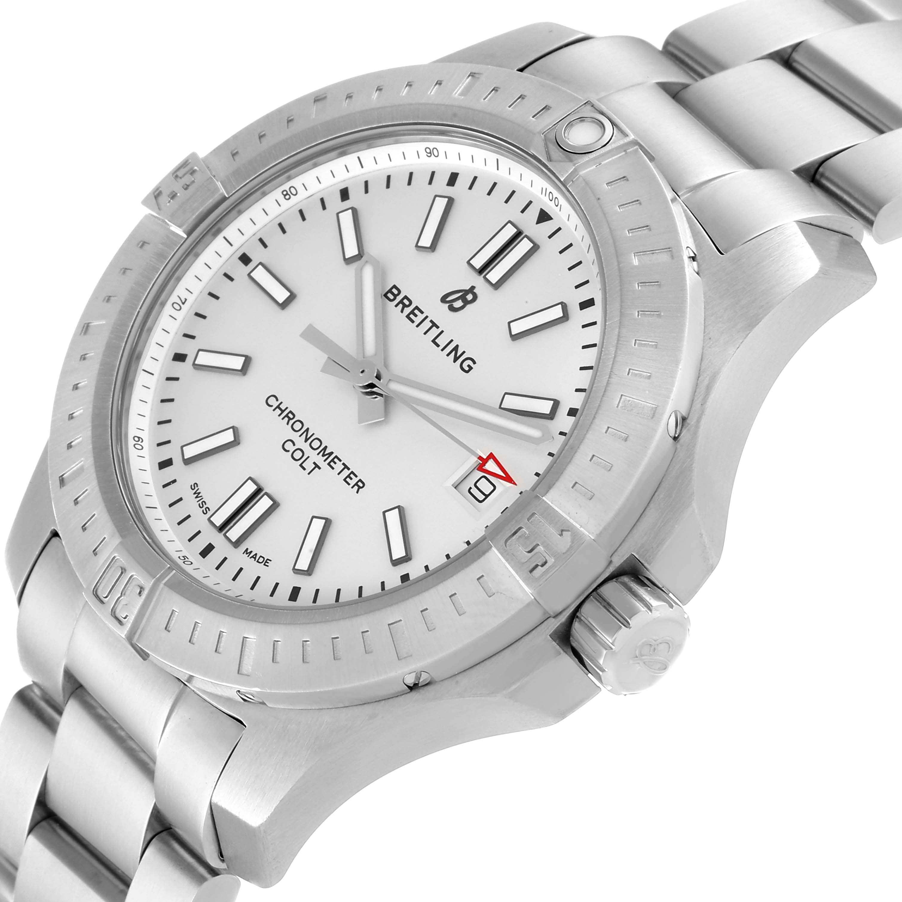 The image shows a Breitling Colt A17313 Men's Stainless Steel White Dial A17313 Men's Stainless Steel White Dial watch at a slight angle, highlighting its dial, bezel, crown, and bracelet.