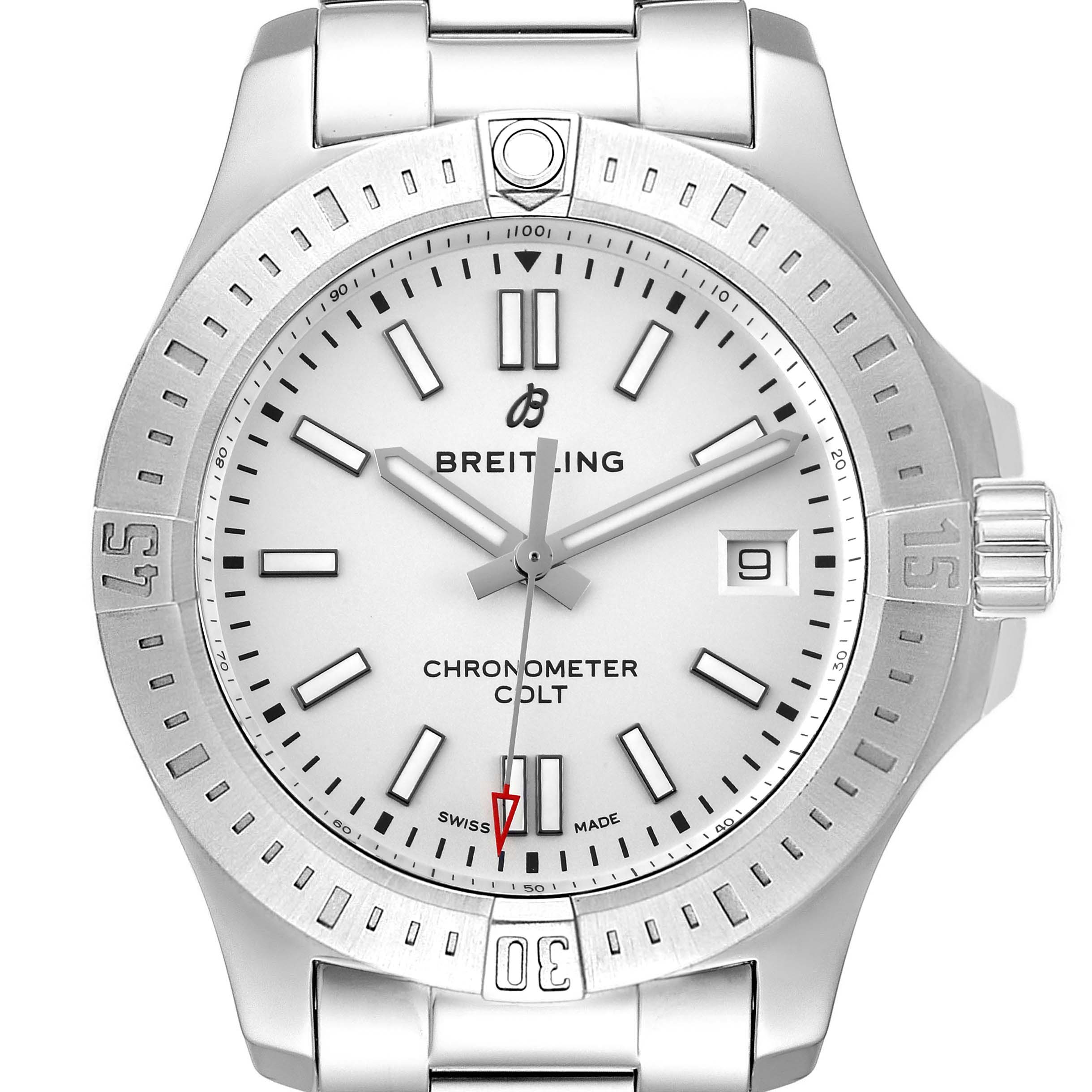 This Breitling Colt A17313 Men's Stainless Steel White Dial A17313 Men's Stainless Steel White Dial watch is shown from a front angle, displaying the dial, bezel, crown, and part of the bracelet.