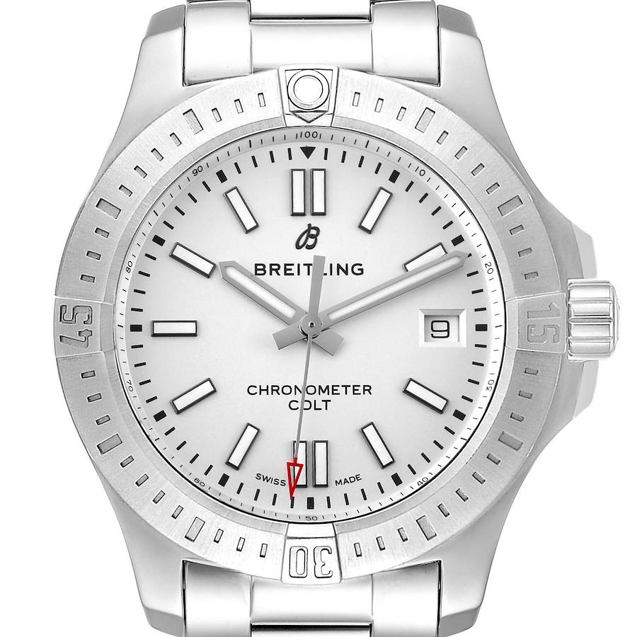 This Breitling Colt A17313 Men's Stainless Steel White Dial A17313 Men's Stainless Steel White Dial watch is shown from a front angle, displaying the dial, bezel, crown, and part of the bracelet.