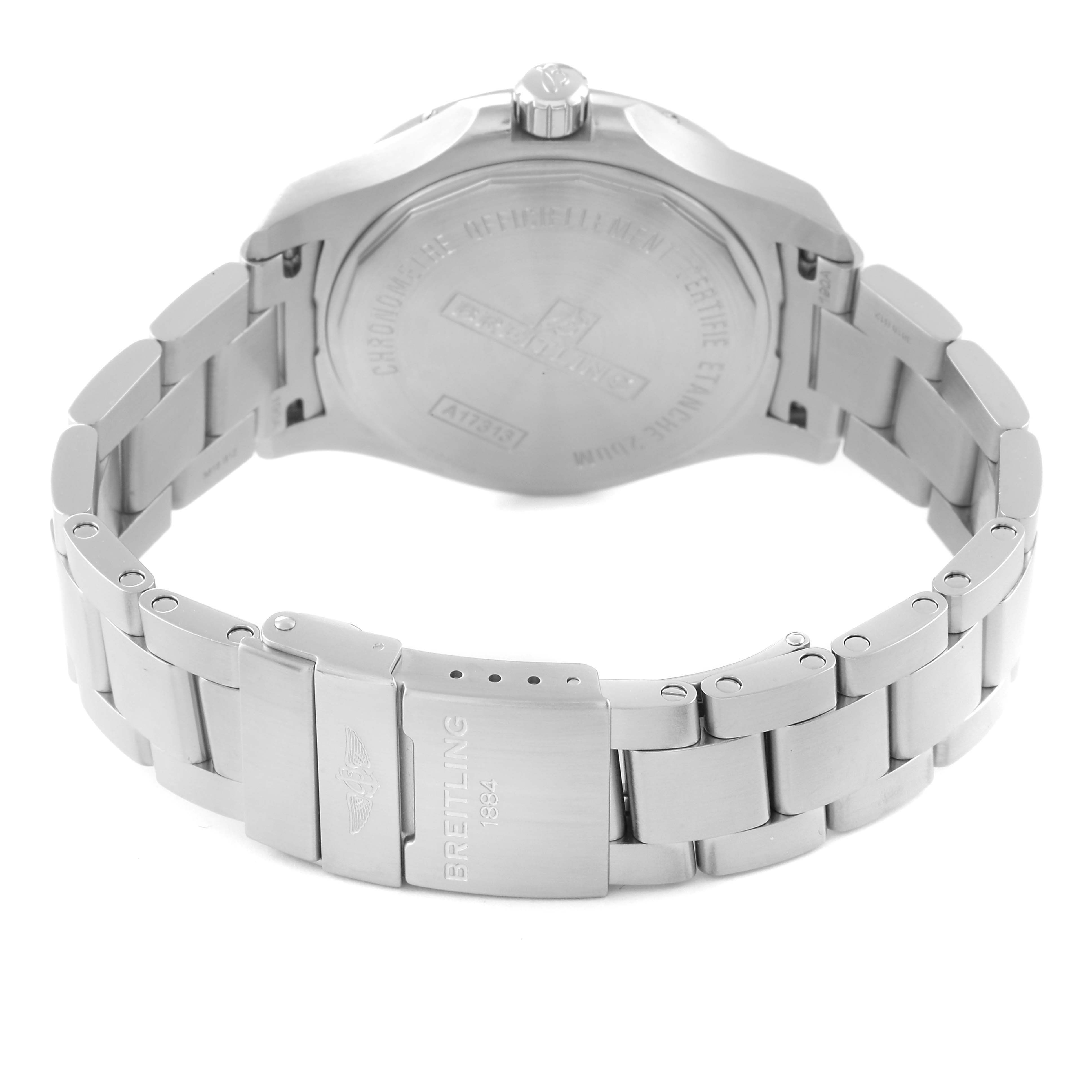 The image shows the back view of the Breitling Colt A17313 Men's Stainless Steel White Dial A17313 Men's Stainless Steel White Dial watch, highlighting the case back, crown, and stainless steel bracelet with the clasp. 