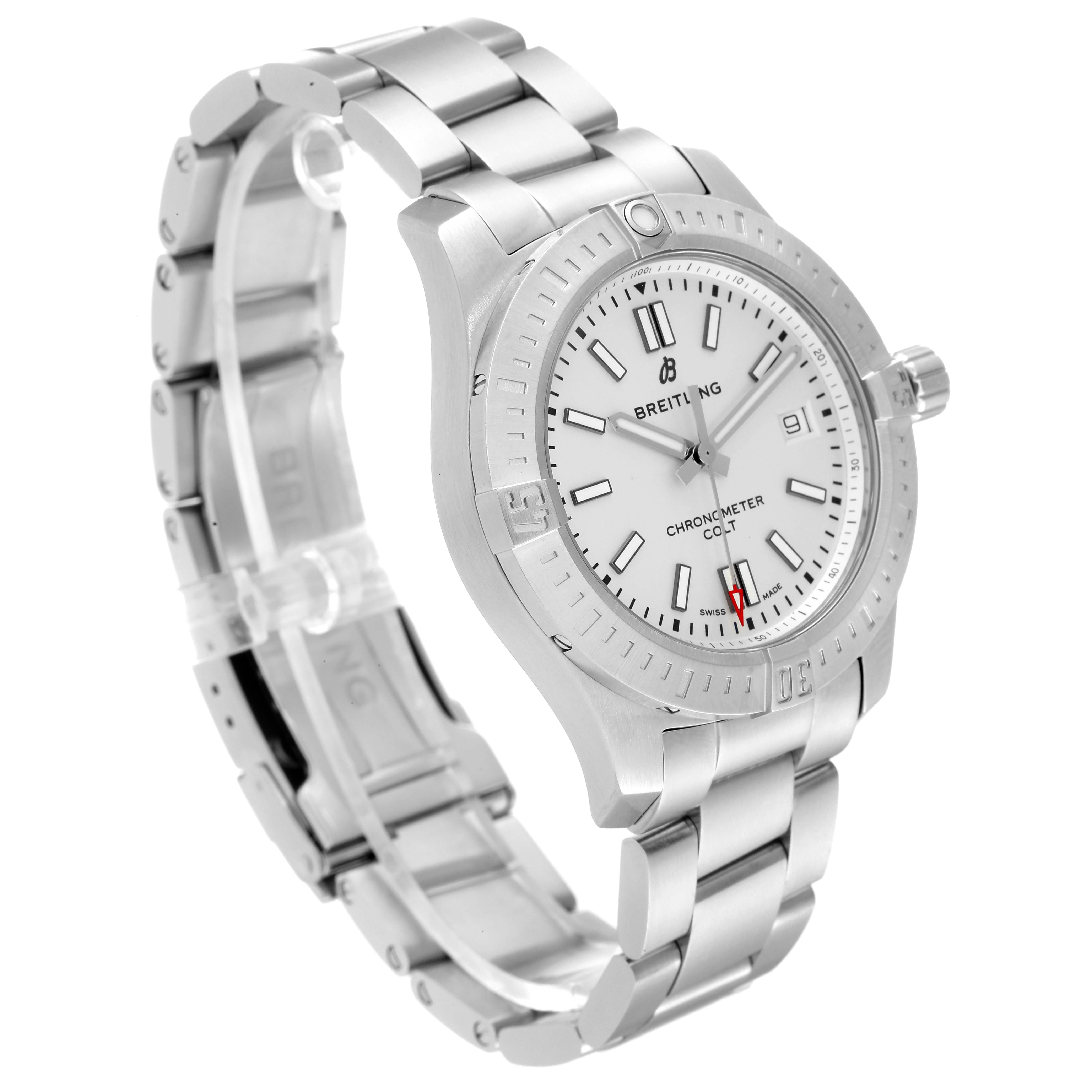 The image shows a side angle of a Breitling Colt A17313 Men's Stainless Steel White Dial A17313 Men's Stainless Steel White Dial watch, highlighting its face, bezel, crown, and metal bracelet.