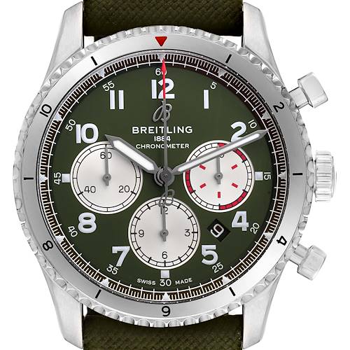 The image shows a close-up of the Breitling Navitimer watch face, bezel, crown, and chronograph pushers.
