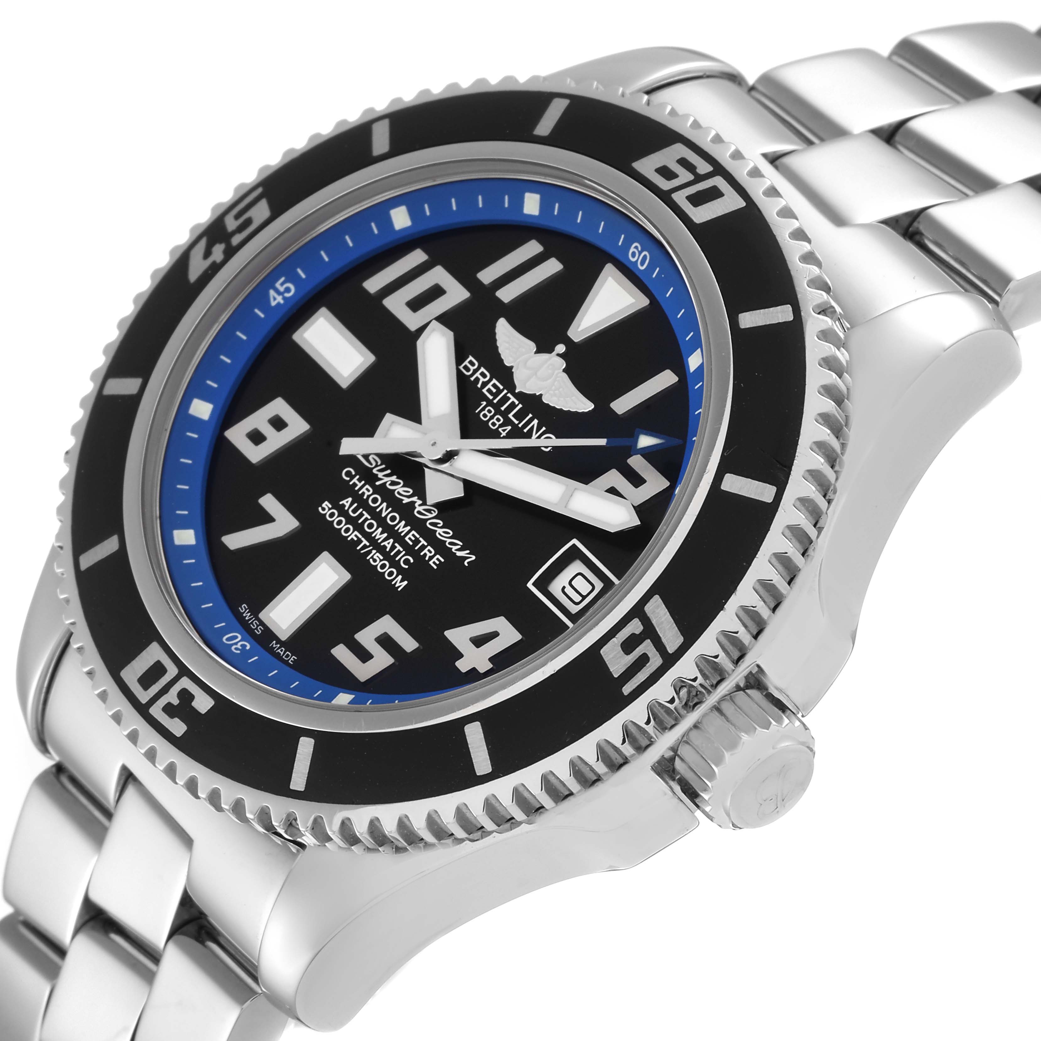 The image shows a close-up angle of the Breitling Superocean A17364 Men's Stainless Steel Black Dial A17364 Men's Stainless Steel Black Dial watch face and part of its metal bracelet.