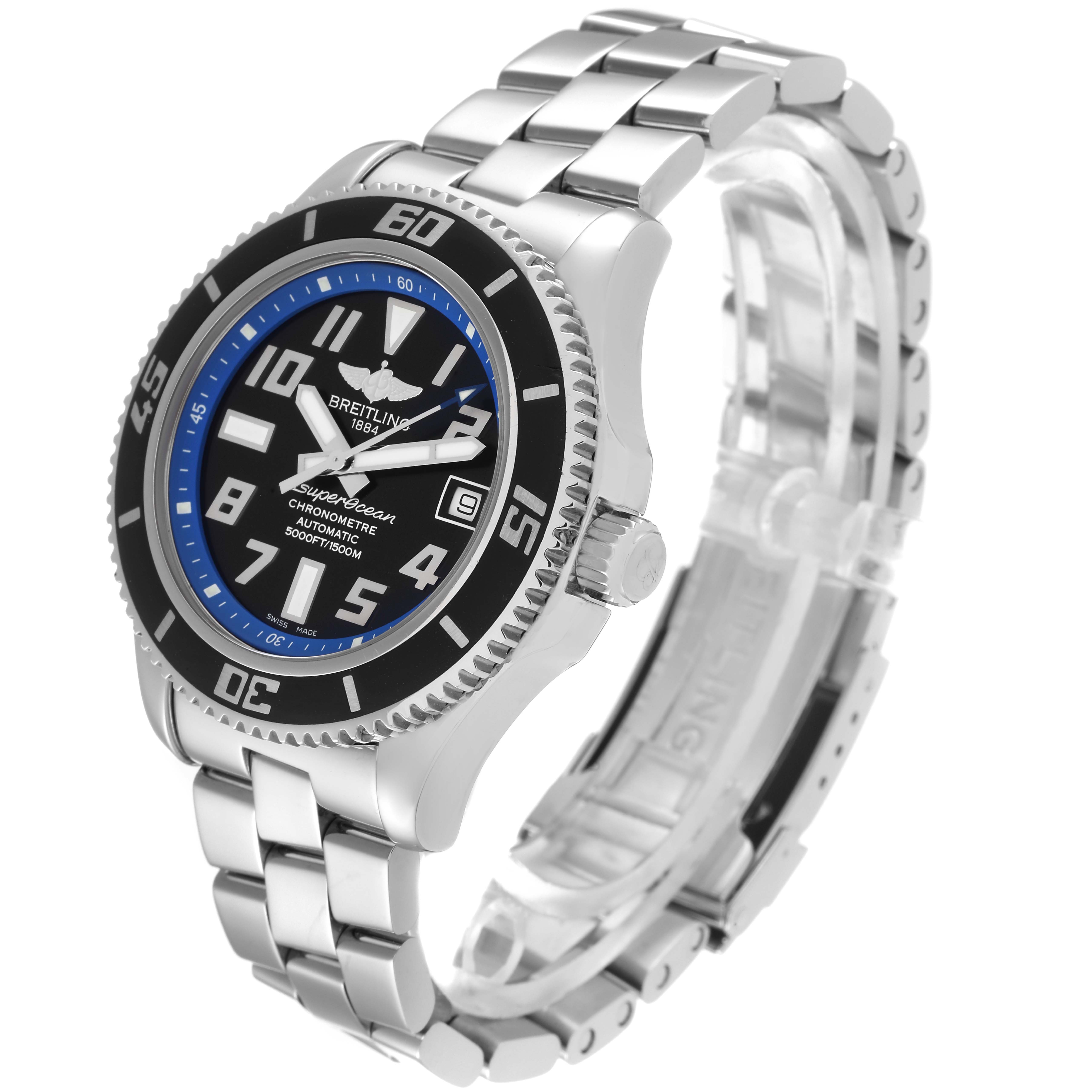 This image shows a Breitling Superocean A17364 Men's Stainless Steel Black Dial A17364 Men's Stainless Steel Black Dial watch from an oblique angle, highlighting its face, bezel, crown, and bracelet.