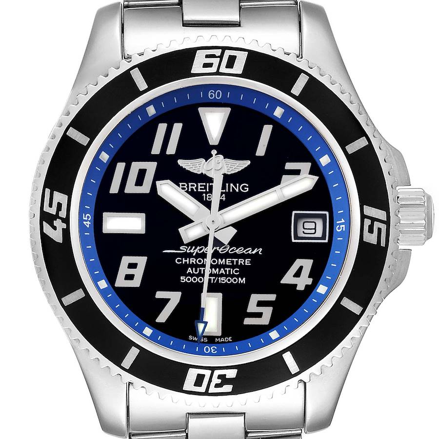 This image shows the front face and bezel of a Breitling Superocean A17364 Men's Stainless Steel Black Dial A17364 Men's Stainless Steel Black Dial watch at a straight-on angle.