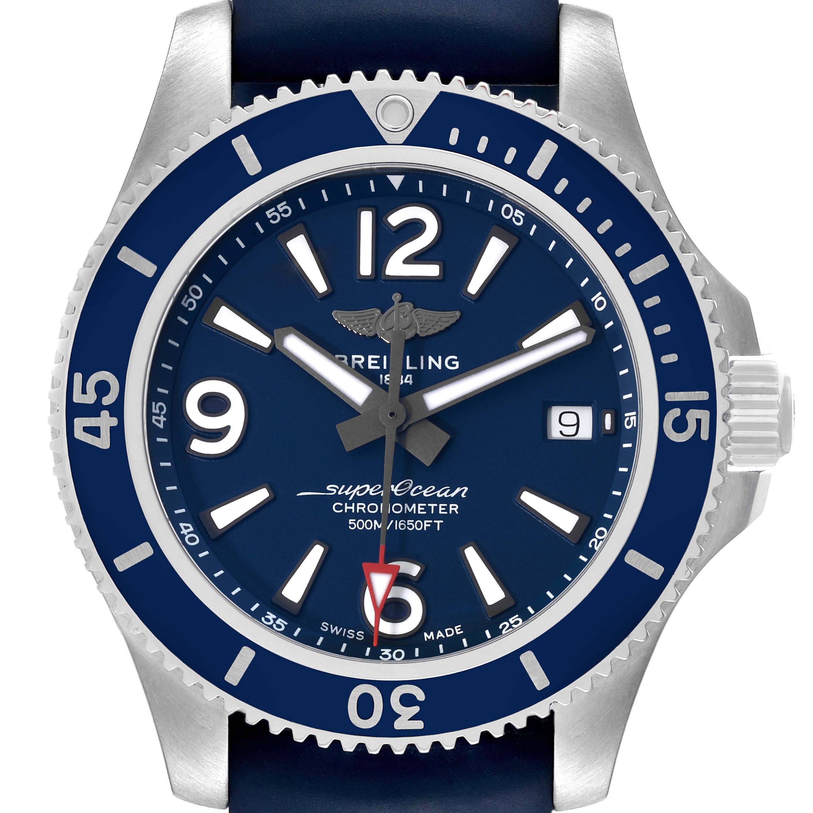 This image shows a front angle view of the Breitling Superocean A17366 Men's Stainless Steel Blue Dial A17366 Men's Stainless Steel Blue Dial watch, highlighting its blue dial, bezel, and crown.