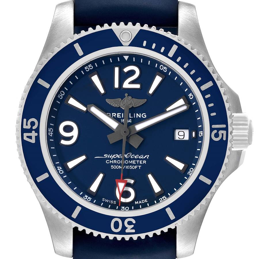 This image shows a front angle view of the Breitling Superocean A17366 Men's Stainless Steel Blue Dial A17366 Men's Stainless Steel Blue Dial watch, highlighting its blue dial, bezel, and crown.