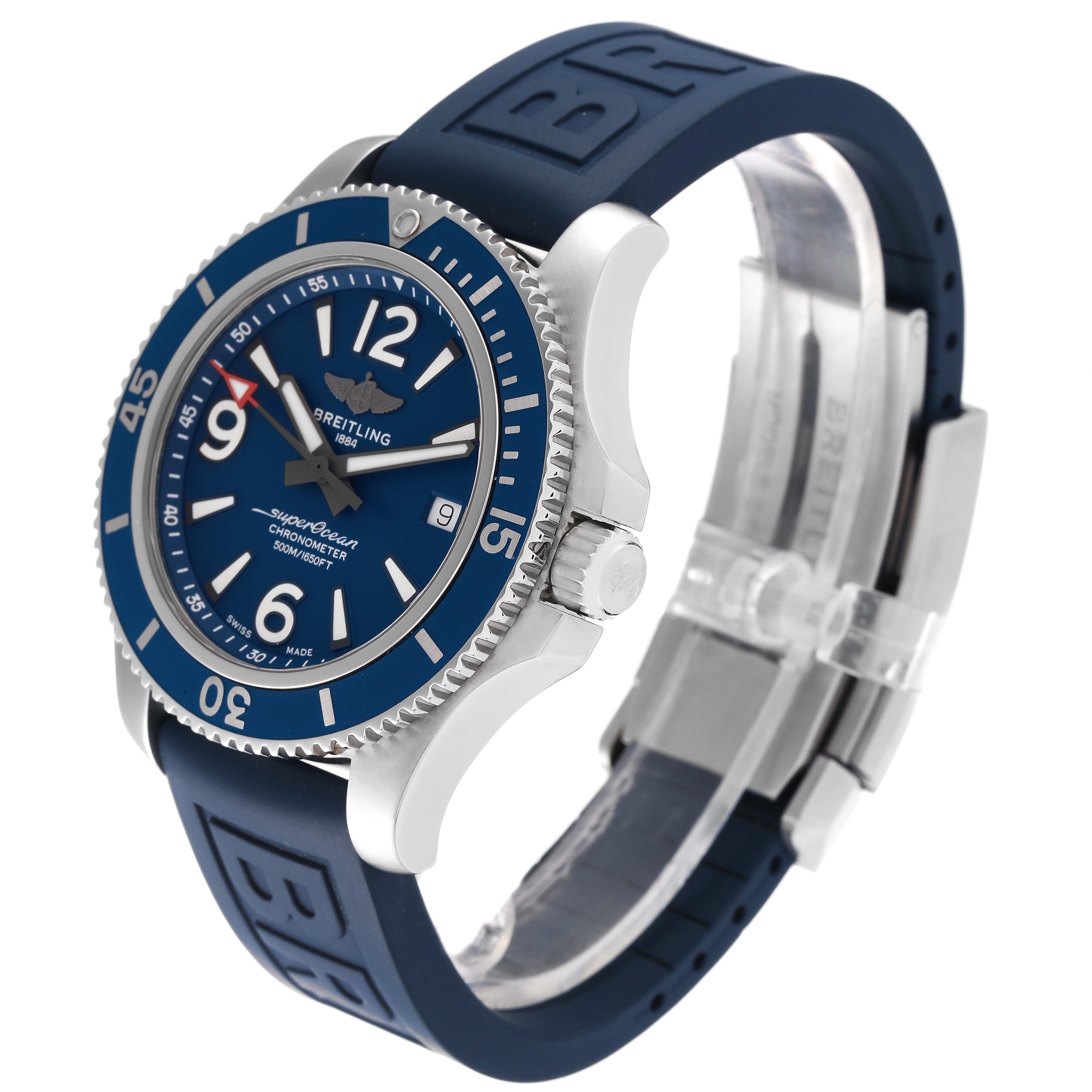 The image shows a side and angled view of the Breitling Superocean A17366 Men's Stainless Steel Blue Dial A17366 Men's Stainless Steel Blue Dial watch, highlighting the face, bezel, crown, and blue rubber strap.