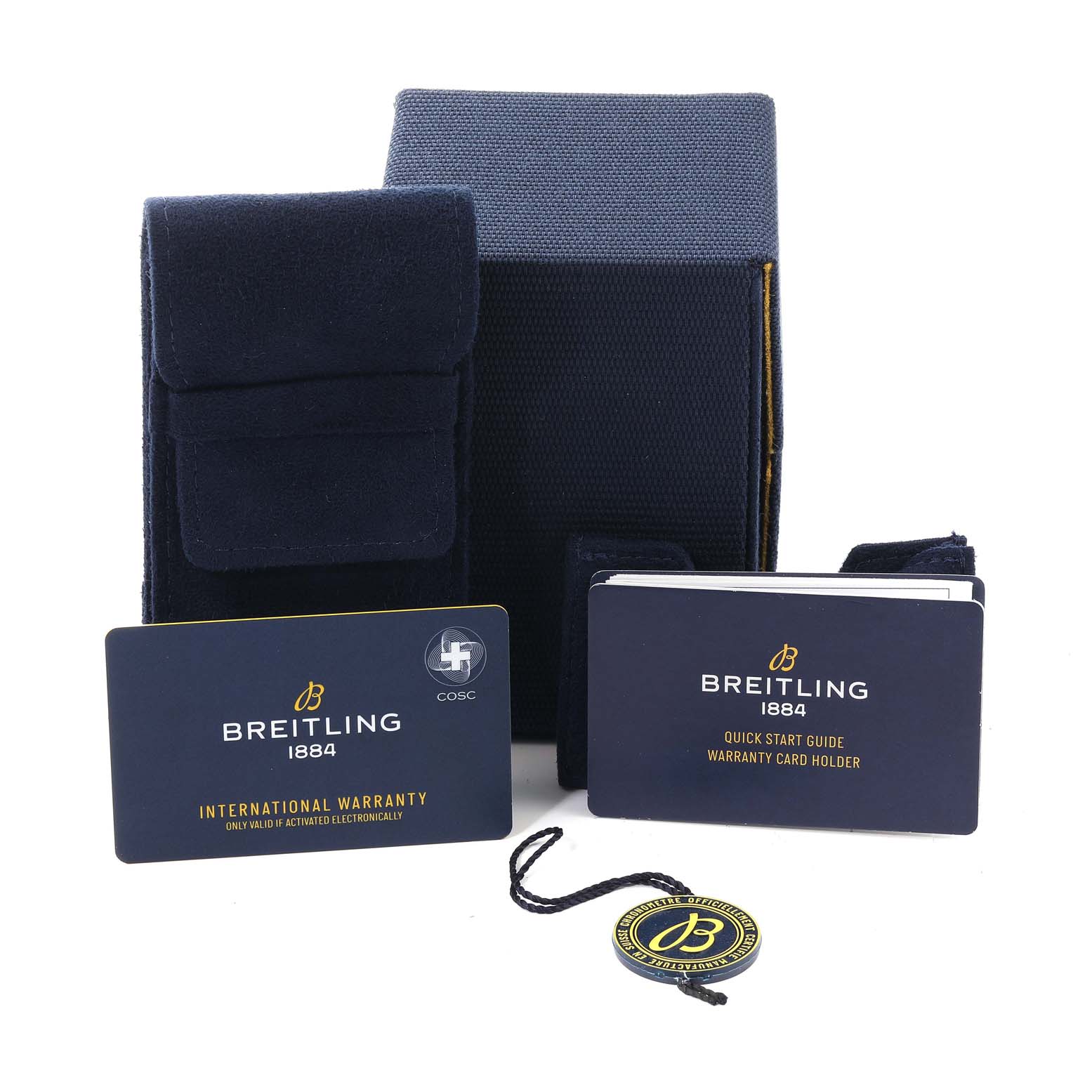 The image shows packaging, an international warranty card, a quick-start guide, and a tag for the Breitling Superocean A17366 Men's Stainless Steel Blue Dial A17366 Men's Stainless Steel Blue Dial model.