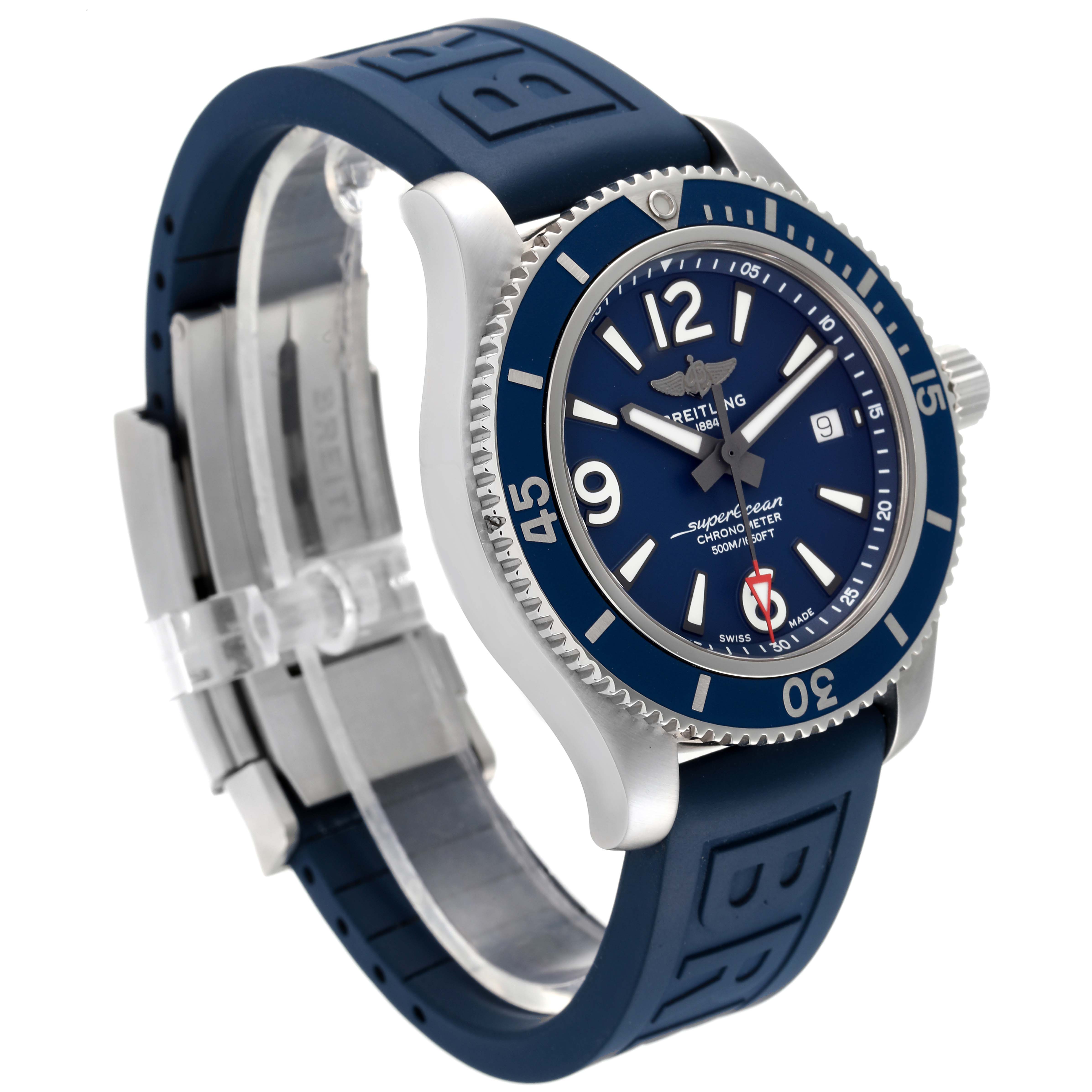 The image shows the Breitling Superocean A17366 Men's Stainless Steel Blue Dial A17366 Men's Stainless Steel Blue Dial watch angled from the front left, highlighting the blue dial, bezel, and rubber strap.