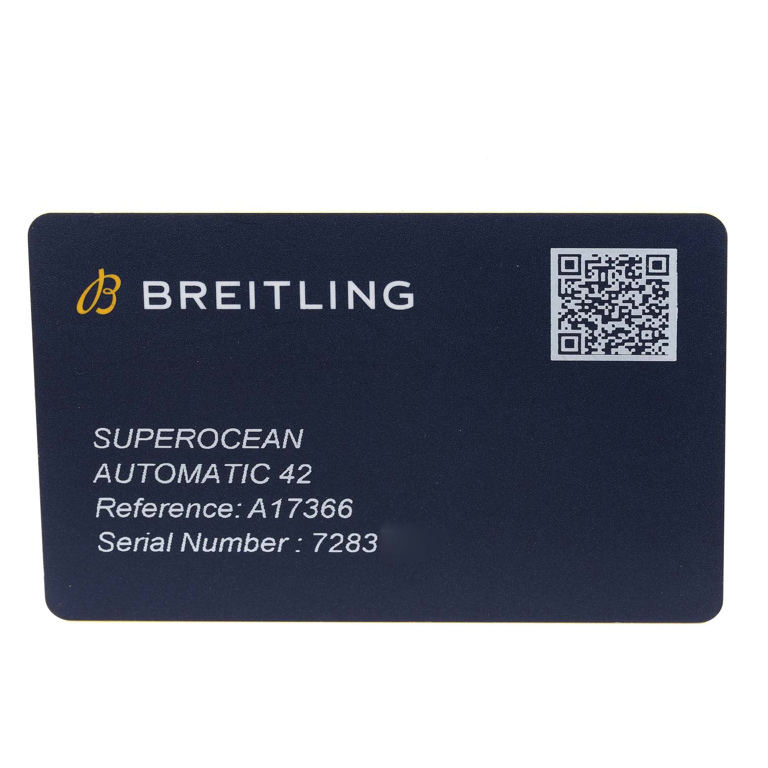 The image shows the identification card of the Superocean model by Breitling, displaying the model, reference, and serial number.