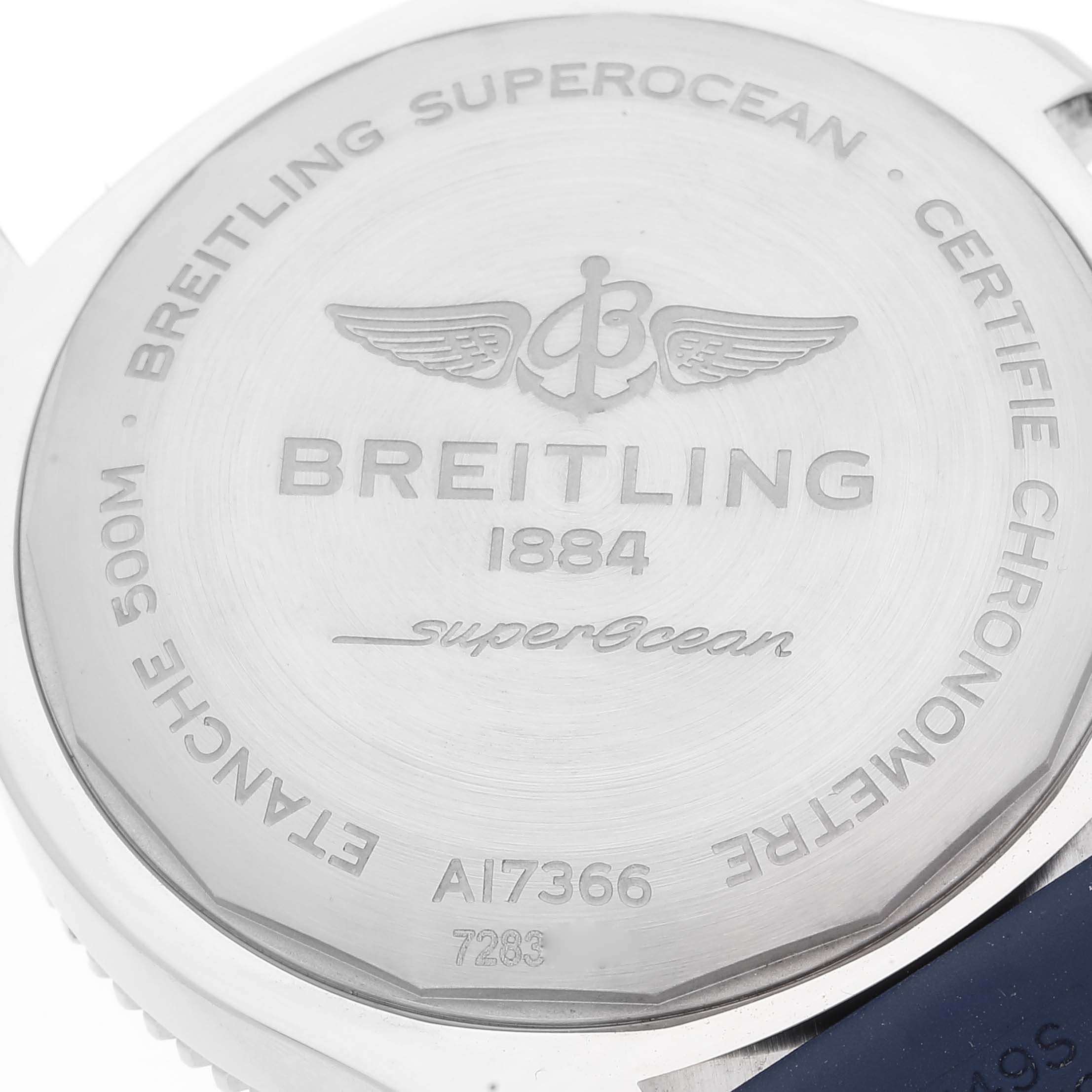 This is a rear view of the Breitling Superocean A17366 Men's Stainless Steel Blue Dial A17366 Men's Stainless Steel Blue Dial watch, showcasing the engraved case back detailing.