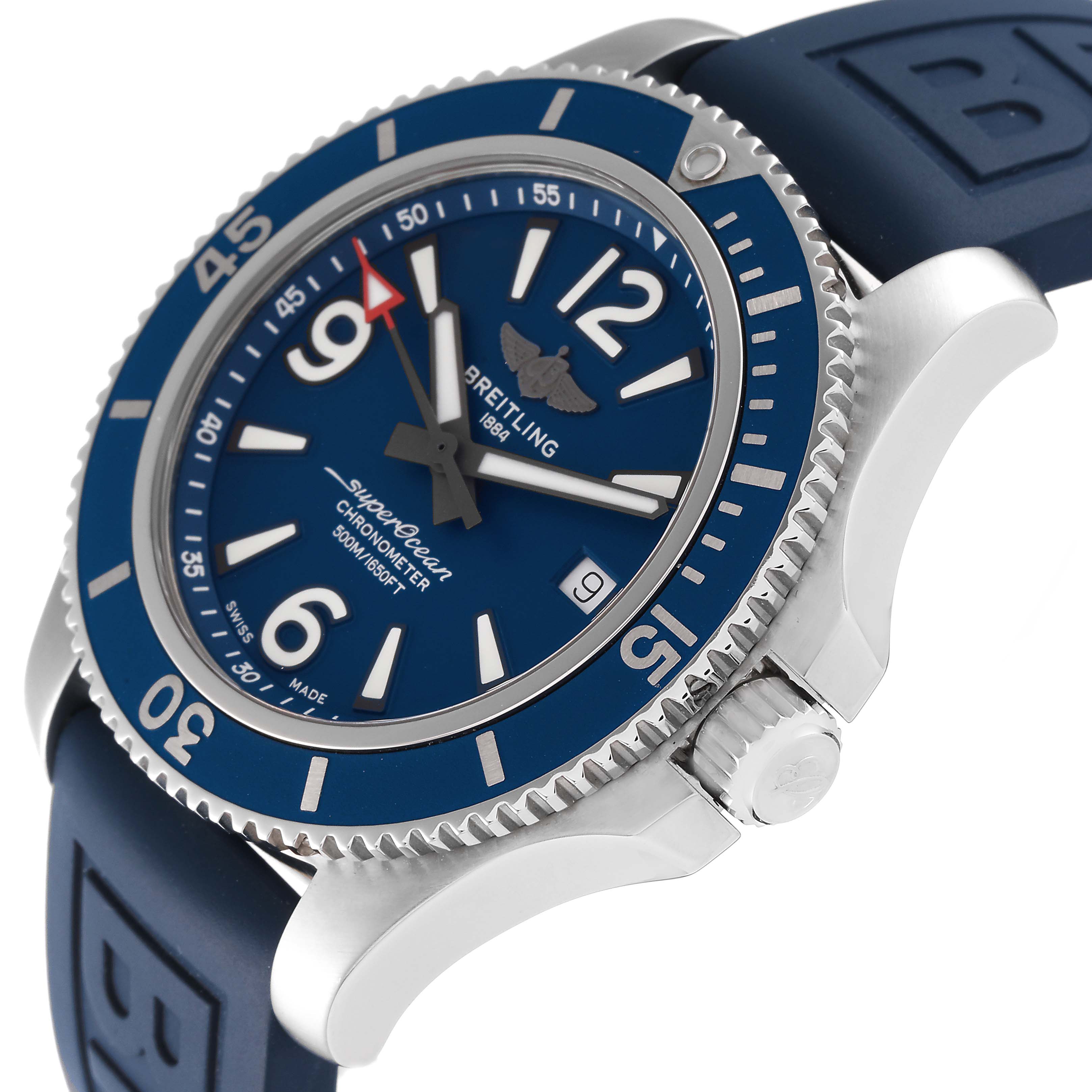 The image shows a tilted angle of a Breitling Superocean A17366 Men's Stainless Steel Blue Dial A17366 Men's Stainless Steel Blue Dial watch, focusing on its blue dial, bezel, crown, and blue strap.