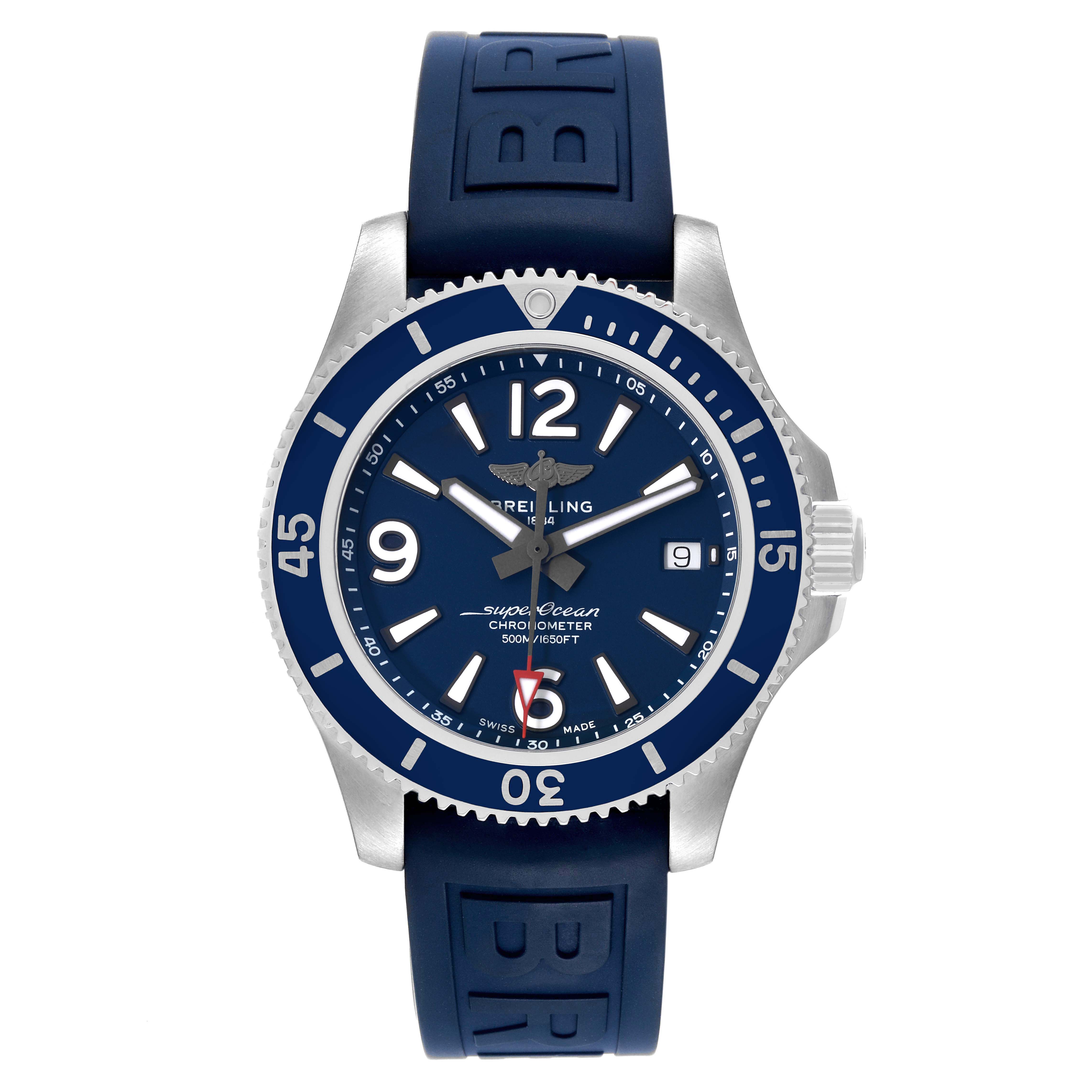 The image shows a front view of the Breitling Superocean A17366 Men's Stainless Steel Blue Dial A17366 Men's Stainless Steel Blue Dial watch, highlighting its face, bezel, and strap.