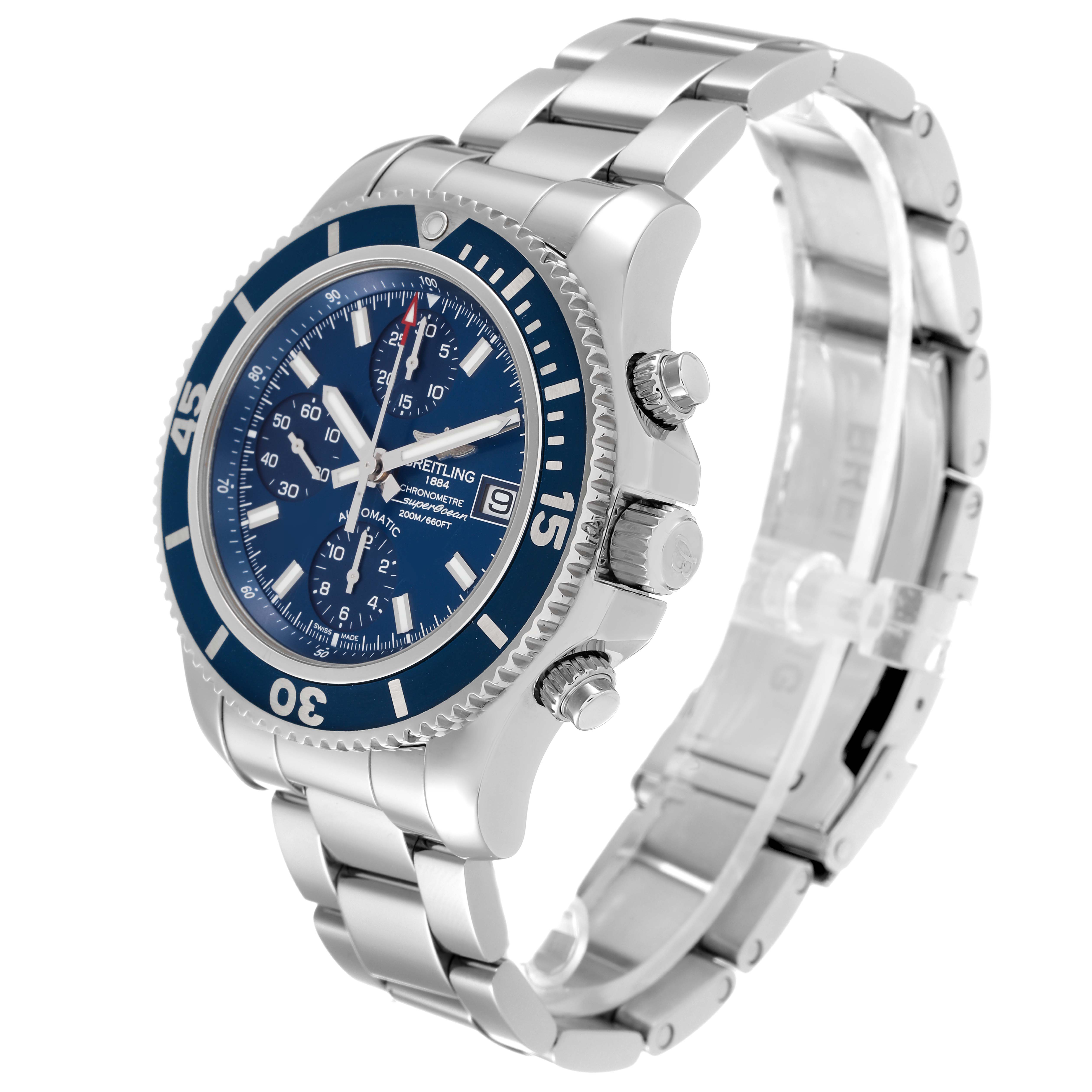The Breitling Superocean A13311 Men's Stainless Steel Blue Dial A13311 Men's Stainless Steel Blue Dial watch is shown at a side angle, highlighting its bezel, dial, hands, crown, and stainless steel bracelet.