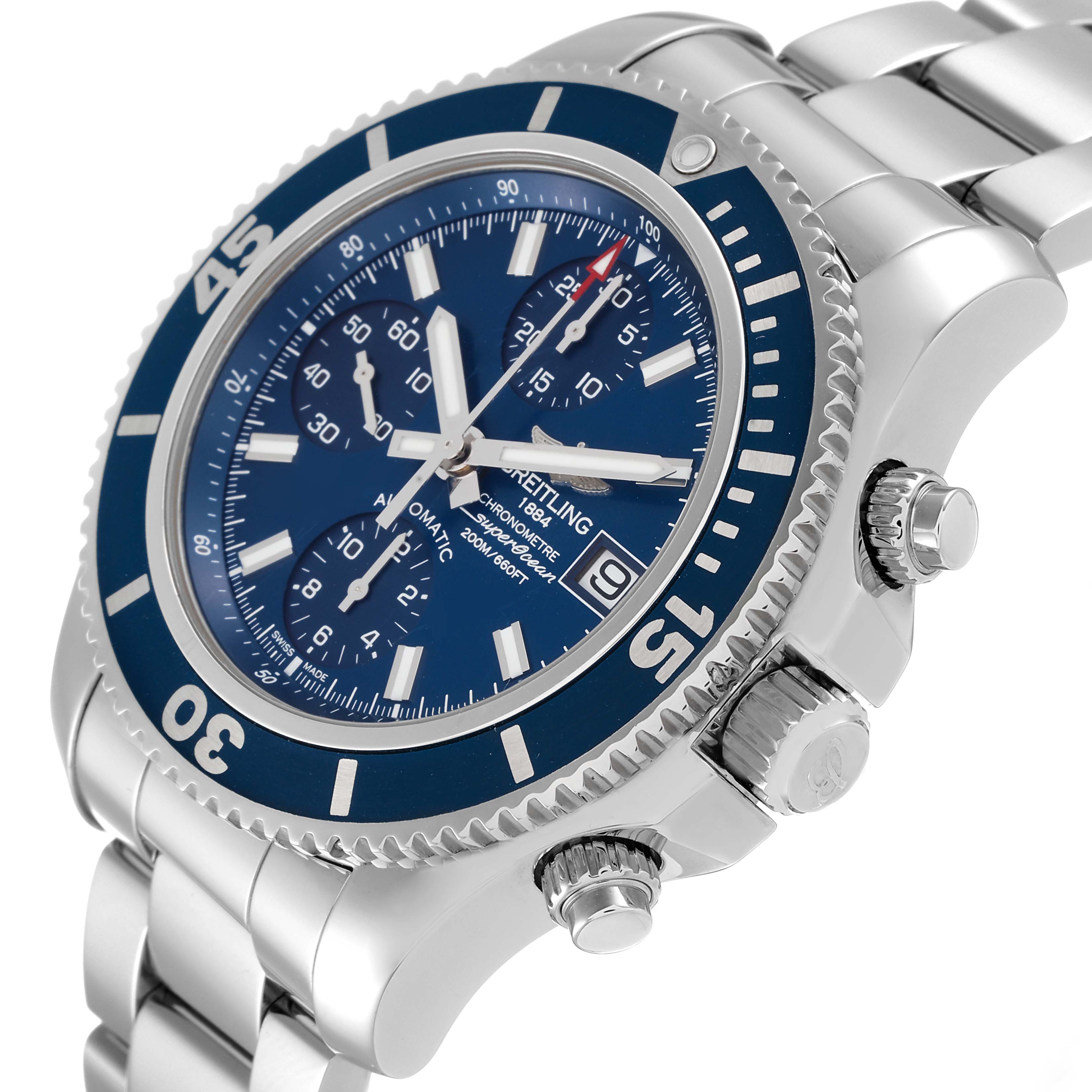 The Breitling Superocean A13311 Men's Stainless Steel Blue Dial A13311 Men's Stainless Steel Blue Dial watch is depicted at an angle showcasing its bezel, dial, crown, pushers, and part of the bracelet.