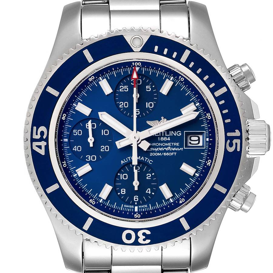 This is a Breitling Superocean A13311 Men's Stainless Steel Blue Dial A13311 Men's Stainless Steel Blue Dial watch showing its face, bezel, pushers, crown, subdials, and date display from a front angle.