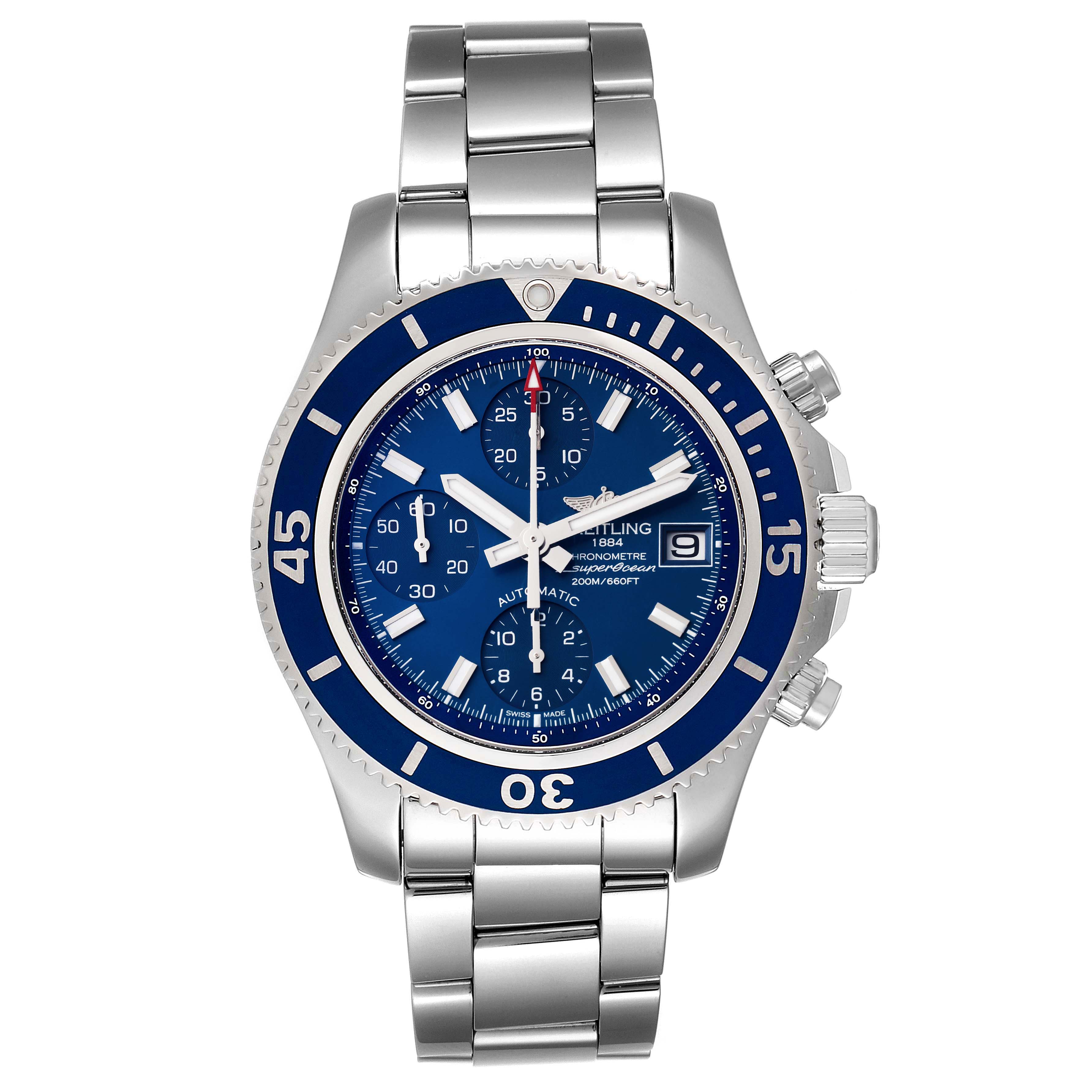 This is a straight-on view of a Breitling Superocean A13311 Men's Stainless Steel Blue Dial A13311 Men's Stainless Steel Blue Dial watch, showing the face, bezel, crown, chronograph subdials, and stainless steel bracelet.